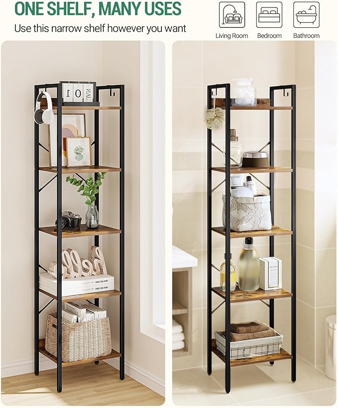Bookshelf, Book Shelf, Industrial Bookcase with 2 Hooks, Coner Shelf Storage Organizer for Home Office, Living Room, Bedroom, Kitchen, 5-Tier Rustic Brown BC10501B