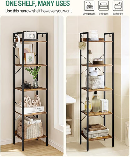 Bookshelf, Book Shelf, Industrial Bookcase with 2 Hooks, Coner Shelf Storage Organizer for Home Office, Living Room, Bedroom, Kitchen, 5-Tier Rustic Brown BC10501B