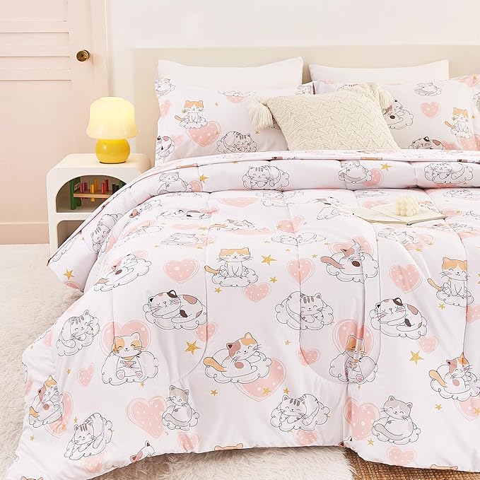 Cat Kids Comforter Set for Girls Twin, Cute Quilted Pink Heart Printed Bedding Set with Pillow Sham, Lightweight Soft Breathable Machine Washable Bed Set 2 Piece