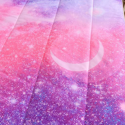 A Nice Night Galaxy Bedding Sets Outer Space Comforter 3D Printed Space Quilt Set Queen Size Glitter Pink Color,for Children Boy Girl Teen Kids