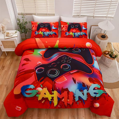 Aimuan Gaming Comforter Sets for Boys Kids Bedding Sets Video Games Console Action Buttons Novelty Colorful Game Gamepad Controller Modern Gamer Room Decor Home Quilt Set (Full, Red)