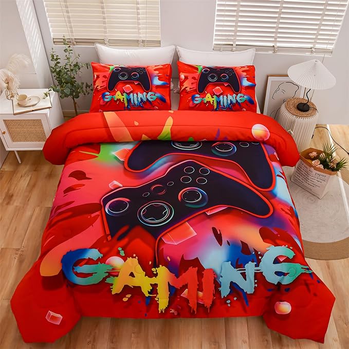 Aimuan Gaming Comforter Sets for Boys Kids Bedding Sets Video Games Console Action Buttons Novelty Colorful Game Gamepad Controller Modern Gamer Room Decor Home Quilt Set (Queen, Red)