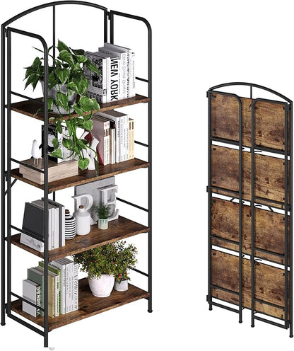 No Assembly Folding Bookshelf, Metal Book Shelf for Storage, Folding Bookcase for Office Organization and Storage (Firestone, 4 Tiers)
