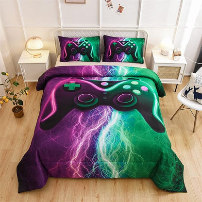 Meeting Story Gamer Gaming Bedding Sets Red Blue Lightnings Gamepad Comforter Set for Boys Games Console Action Buttons Novelty Colorful Modern Room Decor Home Quilt Set (Green-Purple, Full)