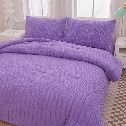 Seersucker Purple Queen Size Comforter Sets for Girls Women Boho Purple Seersucker Bedding Set & Collections 5 Pieces-Soft Lightweight Microfiber Bed Set for All Season,Queen 90''x90''…