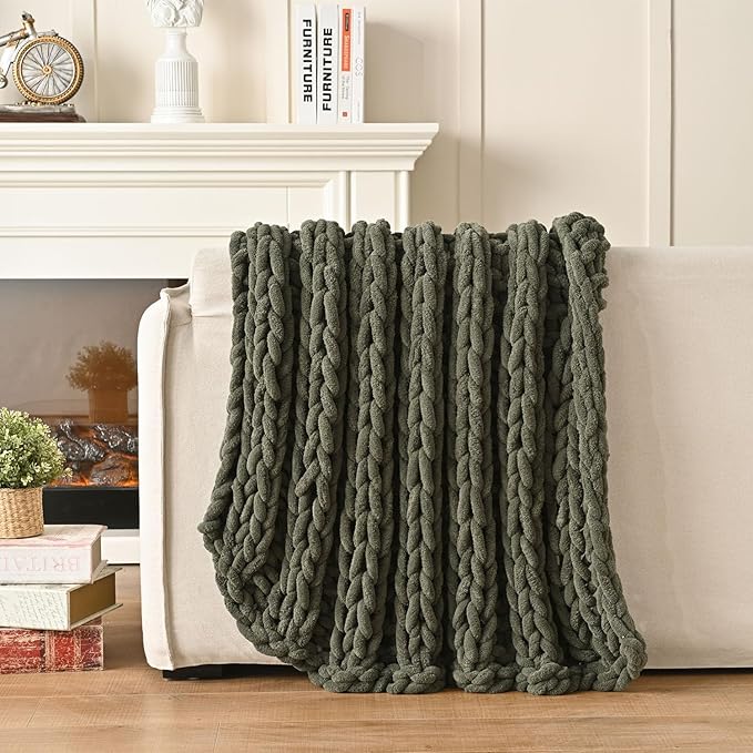 Esterra Chunky Knit Blanket Throw, 100% Handmade Chenille Throw Blanket 40"x50", Soft Thick Yarn Cable Knit Crochet Throw Blanket Rope Knot Throw for Couch Bed Sofa, Dusty Olive