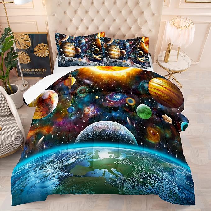 Tailor Shop Universe Galaxy Comforter Set for Girls Boys Kids Galaxy The Planet The Earth Astronaut Stars Outer Space Bedding Set King Size with 1 Comforter 2 Pillowcases