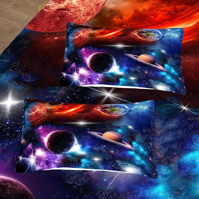 NINENINE Space Bedding Sets Queen Size for Girls Purple Galaxy Comforter Outer Space Earth Planets Stars Theme Solar Galaxy Bedding System Bed Set with 1 Space Comforter 2 Pillowcases