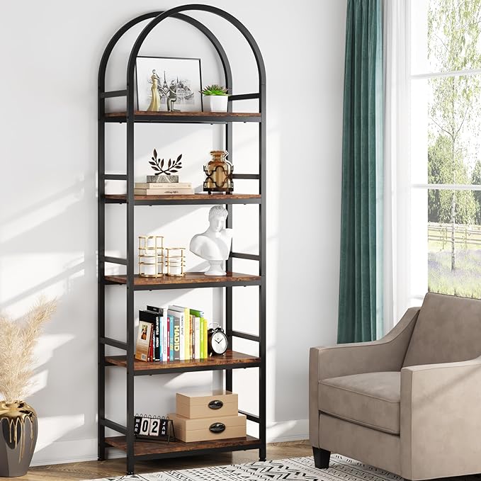 Tribesigns 5-Tier Open Bookshelf, 74.4" Wood Bookcase Storage Shelves with Metal Frame, Freestanding Display Rack Tall Shelving Unit for Office, Bedroom, Living Room, Easy Assembly(Brown, 1PC)