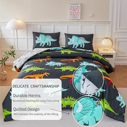 RYNGHIPY Dinosaur Bedding Set Full Size Dinosaur Kids Comforter Set for Boys Girls Soft Breathable Cute Dinosaur Bed Set for All Season (Black,Full)