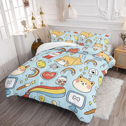 Datura home Kids Comforter Set Kawaii Dogs Bedding Cute Shiba Inu Corgi Printed Pattern Decor with 1 and 2 Pillowcases for Boys Girls All Season(Blue Inu), Twin 68x86inches