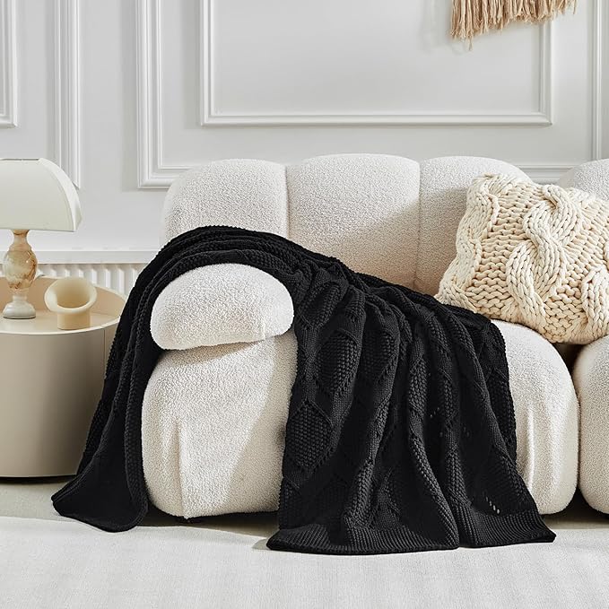 Longhui bedding Chunky Cotton Knit Throw Blanket for Couch, Sofa, Bed, or Chair, Decorative Breathable Fall Cable Knit Blanket 51 x 63 Inches, Medium Weight Black