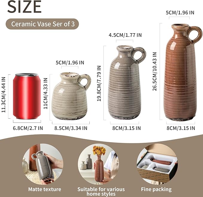 Ceramic Vases Set of 3, Neutral Rustic Farmhouse Vase with Handle, Decorative Flower Vases Home Decor Modern Boho Pampass Vase for Table Mantel Entryway Shelf Living Room Kitchen Bathroom - Brown