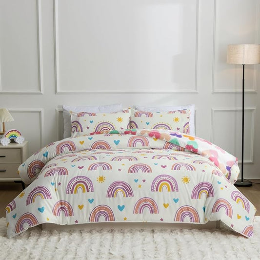 Btargot Lightweight Soft 3 Piece Rainbow Comforter Set with 2 Pillow Covers, Cartoon Love Hearts Suns and Stars Bedding Set for Girls Boys Kids, Full Purple