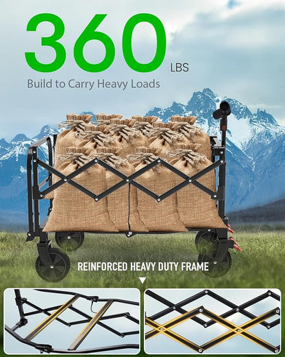 Collapsible Wagon, Foldable Wagon with Tailgate Extended, 360lbs Heavy Duty, Portable Lightweight Utility Wagon for Grocery, Camping, Garden, Sports, Black T