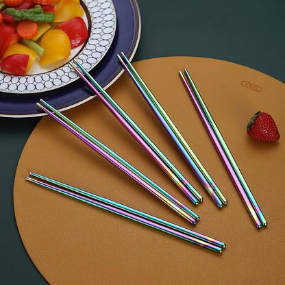 10 Pairs Reusable Chopsticks, Titanium Rainbow Plating Stainless Steel Metal Chop Sticks, Japanese Chinese Korean Chopstick Dishwasher Safe, 8.9 Inch (Coloful / Chop sticks)