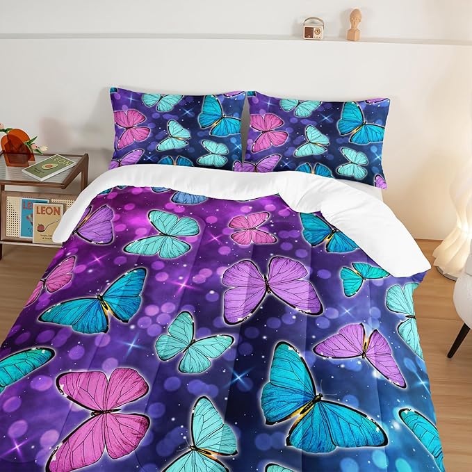 HOSIMA Butterfly Comforter Set with 2 Pillowcases,Glitter Purple Blue Butterfly Printed Bedding Set Full Size Bed in a Bag Set,Starry Sky Galaxy Comforter Butterfly Room Decor Aesthetics.