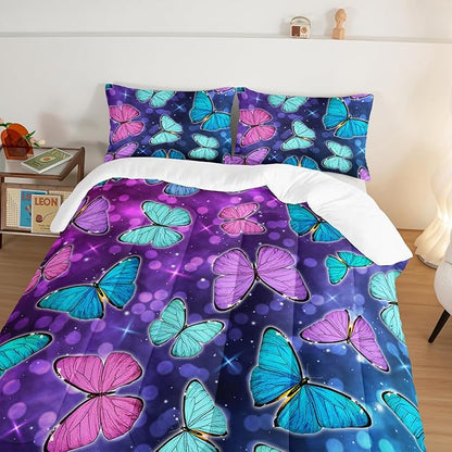 HOSIMA Butterfly Comforter Set with 2 Pillowcases,Glitter Purple Blue Butterfly Printed Bedding King Size Comforter Set for Adults Kids,Starry Sky Galaxy Comforter Butterfly Room Decor Aesthetics.