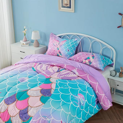 Queen Size Comforter Sets for Girls Mermaid Tail Rainbow Scales Bedding Set 3 Pieces Queen Comforter with 2 Pillowcases for Kids, Teenagers