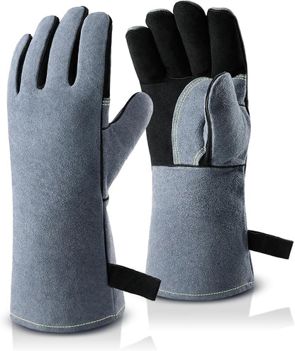 OZERO Welding Gloves: 932°F Heat Resistant Gloves, Black-Gray, 14 Inch | 1.2 mm Split Cowhide, Reinforced Palm, Long Cuff, for MIG TIG Stick Forge BBQ Grill Fireplace Fire Pit Wood Stove Oven