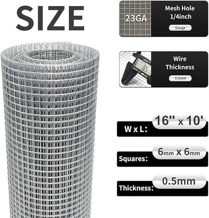Hardware Cloth 16'' x 10' 1/4 in Galvanized Wire Mesh Roll (23 GA) Chicken Wire Fence Roll for Chicken Pen/coop Fences, Screen mesh, Rabbit/Snake Fences, Poultry enclosures, Handicraft Making, etc.