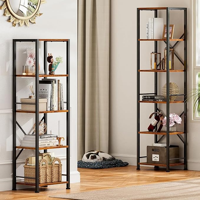 Furologee 6 Tier Tall Bookshelf, Industrial Narrow Bookcase, Display Standing Shelf Units, Metal and Wood Storage Rack Organizer for Living Room, Home Office, Entryway, Kitchen, Rustic Brown