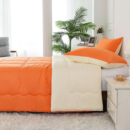 COTTEBED Reversible Ultra-Soft Bright Orange Beige Twin Comforter Set for Girl Boy Kid Dorm, Jersey Knit T-Shirt Feel Cute Lightweight Cozy Comfy Bedding Blanket Down Conforter All Season Twin/Twin XL
