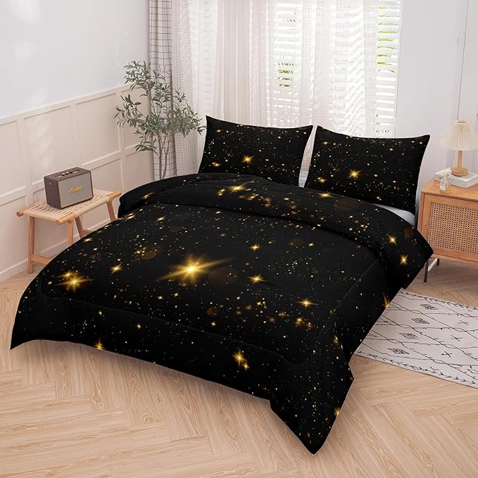 Tailor Shop Glitter Comforter Sets King Size Black and Glod Comforter Sets for Kids Boys Teens Star Glitter Bedding Sets Twinkle Starlight Comforter Sets with 1 Comforter 1 Pillowcases