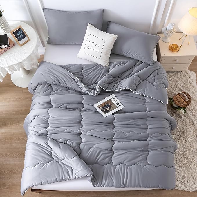 COTTEBED Ultra-Soft Comforter Set Queen/Full Size Bed, Jersey Knit T-Shirt Feeling Fluffy Cozy Comy Durable Lightweight Quilt Bedding Down Blanket & 2 Pillowcase for All Season Use, Dark Grey