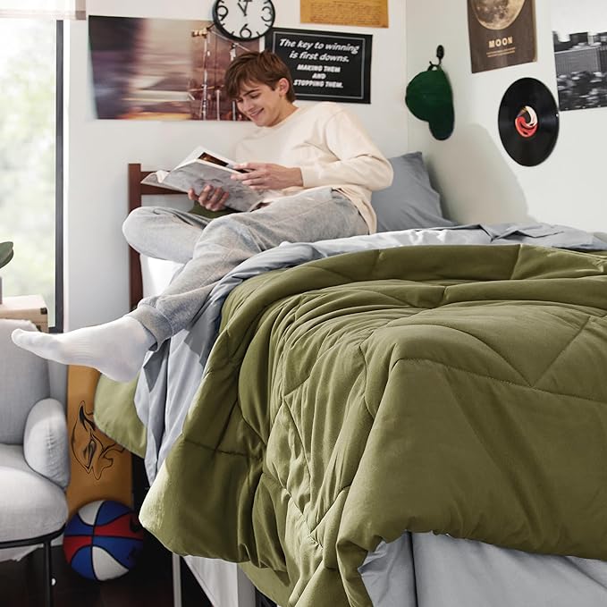 Bedsure Olive Green Twin XL Comforter Set - 5 Pieces Reversible Twin XL Bed in a Bag Twin XL Bed Set with Comforters, Sheets, Pillowcase & Sham, Twin XL Bedding Sets