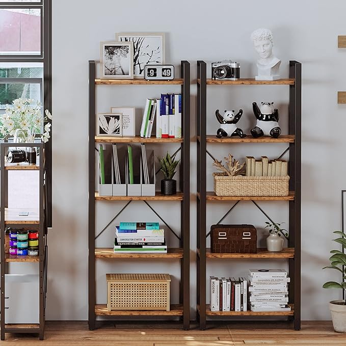 IRONCK Bookshelf 5-Tier Ladder Shelf 110lbs/shelf Vintage Industrial Style Bookcase for Home Decor, Office Decor
