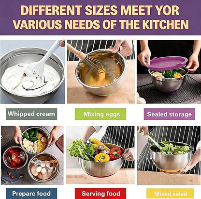Umite Chef Thickened Heavy-Duty 26pcs Stainless Steel Bowl, Mixing Bowl Set with Lid, Grater Attachment, Colorful Non-Slip Bottom and Kitchen Gadget Set, Sizes 7, 4, 2.5, 2.0, 1.5, 1QT