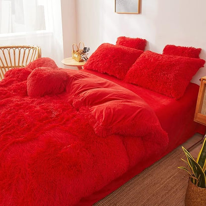 Fluffy Red comforters Cover twin size - Ultra Soft Plush red bedding Sets 2 Pieces (1 faux fur comforter Cover + 1 fuzzy pillow case) girls shaggy red twin bed set (Red, Twin)