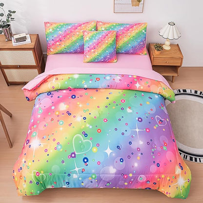 Full Size Comforter Sets for Girls, Kids Bedding Sets for Girls, Rainbow Comforter Full, 6 Pcs Bed in a Bag Girls (1Comforter, 1Flat Sheet, 1Fitted Sheet, 1 Pillow Cover, 2Pillowcases)