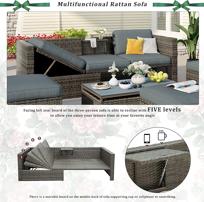 5-Piece Patio Furniture Sets Wicker Outdoor Sofa Couch with Adustable Backrest, Ottomans and Lift Top Coffee Table, Onesize, Gray