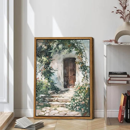 Floating Framed Canvas Vintage Wall Art, Rustic Cottage Spring Garden Oil Paintings Print, Country Floral Pictures Wall Decor for Living Room Bedroom Office Home Decor 12x16 inch
