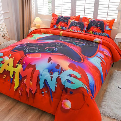 Aimuan Gamer Gaming Bedding Sets 3D Gamepad Comforter Sets for Boys Games Console Action Buttons Novelty Colorful Game Controller Modern Room Decor Home Quilt Set (Red, Full 6PCS)