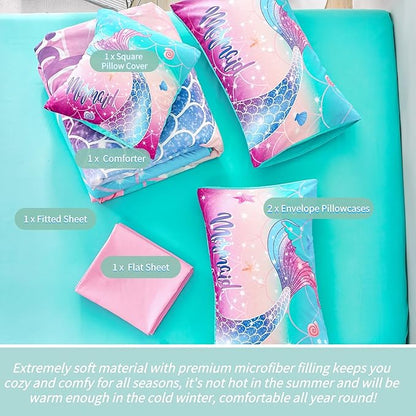 RYNGHIPY Kids Girls Comforter Set 6Pcs, Mermaid Bed in a Bag Twin Size, Fish Tail Print Teens Girls Bedding Set, Rainbow Bedding Collections