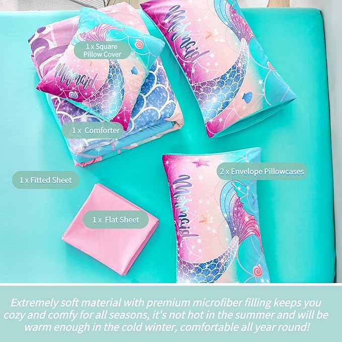 RYNGHIPY Kids Girls Comforter Set 6Pcs, Mermaid Bed in a Bag Queen Size, Fish Tail Print Teens Girls Bedding Set, Rainbow Bedding Collections
