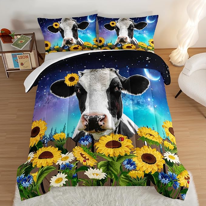 HOSIMA Cow Print Comforter Set with 2 Pillowcases,Farm Animal Theme Bedding Set Sunflower Full Size Comforter for Adults Teens Kids,Farm Starry Sky Toddler Comforter Floral Bedding Set.