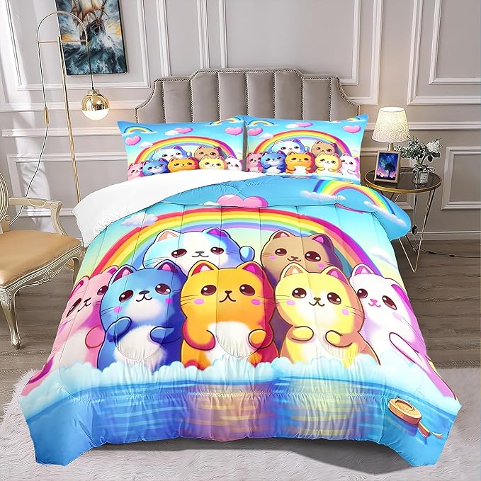 Rainbow Cat Comforter Full Size - Rainbow Cat Bedding for Girls Room Cute Cartoon Rainbow Bedding Full Comforter Sets for Kids, 1 Comforter+2 Pillowcases