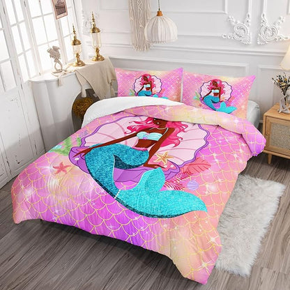 Datura home Bedding Comforter Set Black Girl Magic Mermaid Printed Pattern Quilt with 1 and 2 Pillowcases for Girls Bedroom All Season(Black Pink Twin) Twin 68x86inches