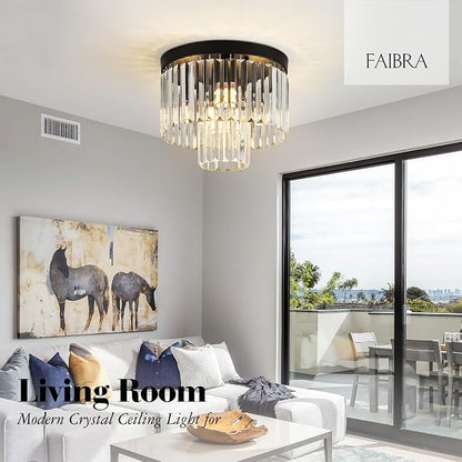 12.6" Black Crystal Ceiling Light 4-Light Modern Fixture 2-Tier Luxury K9 Crystal, for Dining Room Kitchen Island Living Room Bedroom