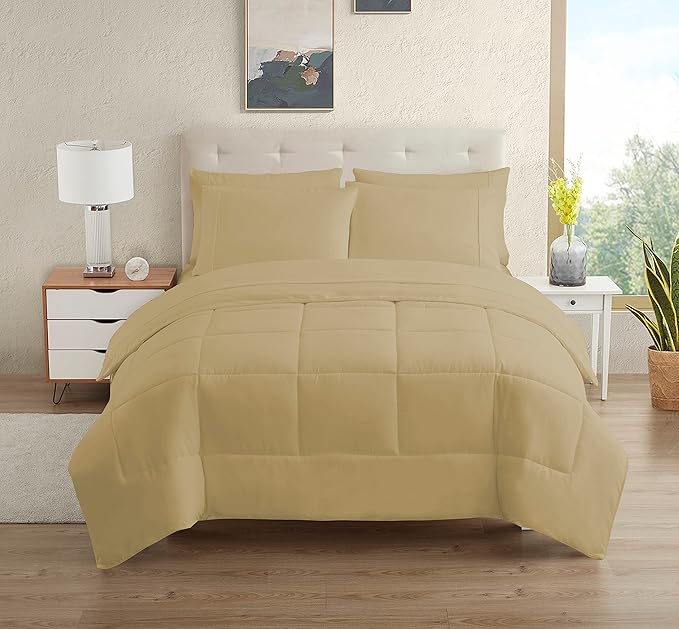 Dorm Room Essentials College Bedding Comforter Set 5 Piece Twin XL Size Bed in a Bag for College Students Boys and Girls, Twin XL, Camel