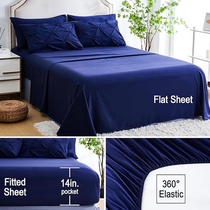 Ubauba 7pc Full Size Bed Comforter Set with Sheets, Dark Blue Pinch Pleating 7 Piece Bed in a Bag, Pintuck Royal Blue Bedding Sets for All Season (Navy,Full)