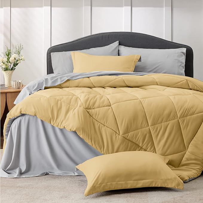 Bedsure Yellow Queen Comforter Set - 7 Pieces Reversible Queen Bed in a Bag Queen Bed Set with Comforters, Sheets, Pillowcases & Shams, Queen Bedding Sets