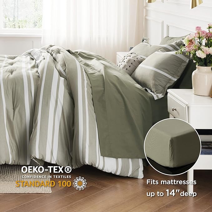 Bedsure Full Size Bedding Sets 7 Pieces, Olive Green White Striped Bedding Comforter Sets All Season Bed Set, 2 Pillow Shams, Flat Sheet, Fitted Sheet and 2 Pillowcases