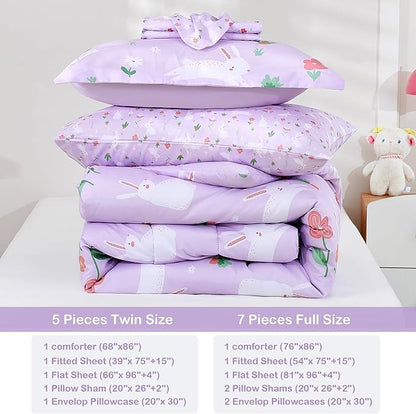 Mooreeke Bed in a Bag for Kids Girls Teens, 5 Pieces Twin Size Comforter Bed Set with Shams, Sheet Set, Rabbit Purple Super Soft Microfiber Kids Comforter Bedding Set