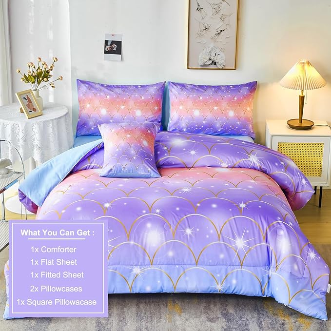 PERFEMET Mermaid Scales Queen Comforter Set 6 Pieces Purple Orange Comforter for Queen Size Bed Teen Girls Glitter Bedding Set Rainbow Tie Dye Bed in A Bag