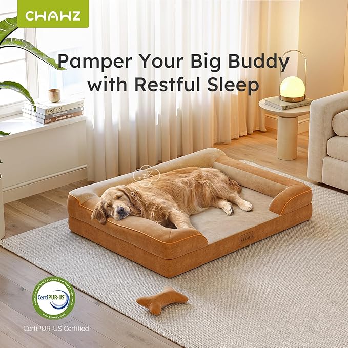 Jumbo Orthopedic Dog Bed for Extra Large Dogs With Cooling Gel Memory Foam, Waterproof, Removable Washable Cover, 45" Sofa Couch, Dutch Velvet With Bone Toy, Brown